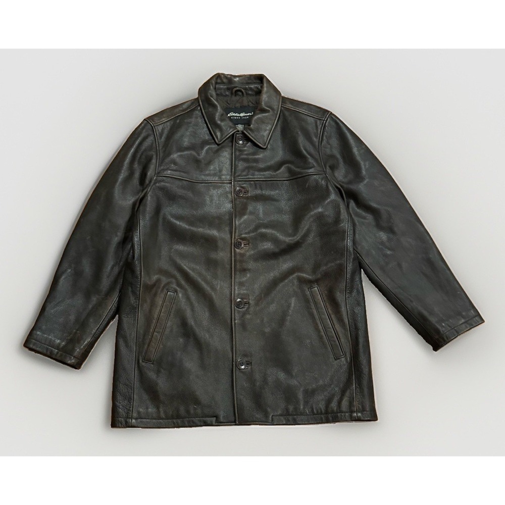 Vintage Eddie Bauer Distressed Leather Car Coat Jacket Overcoat Brown Men Large